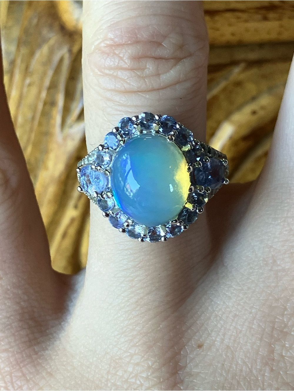 Natural White Ethiopian Opal Tanzanite Ring Size 7